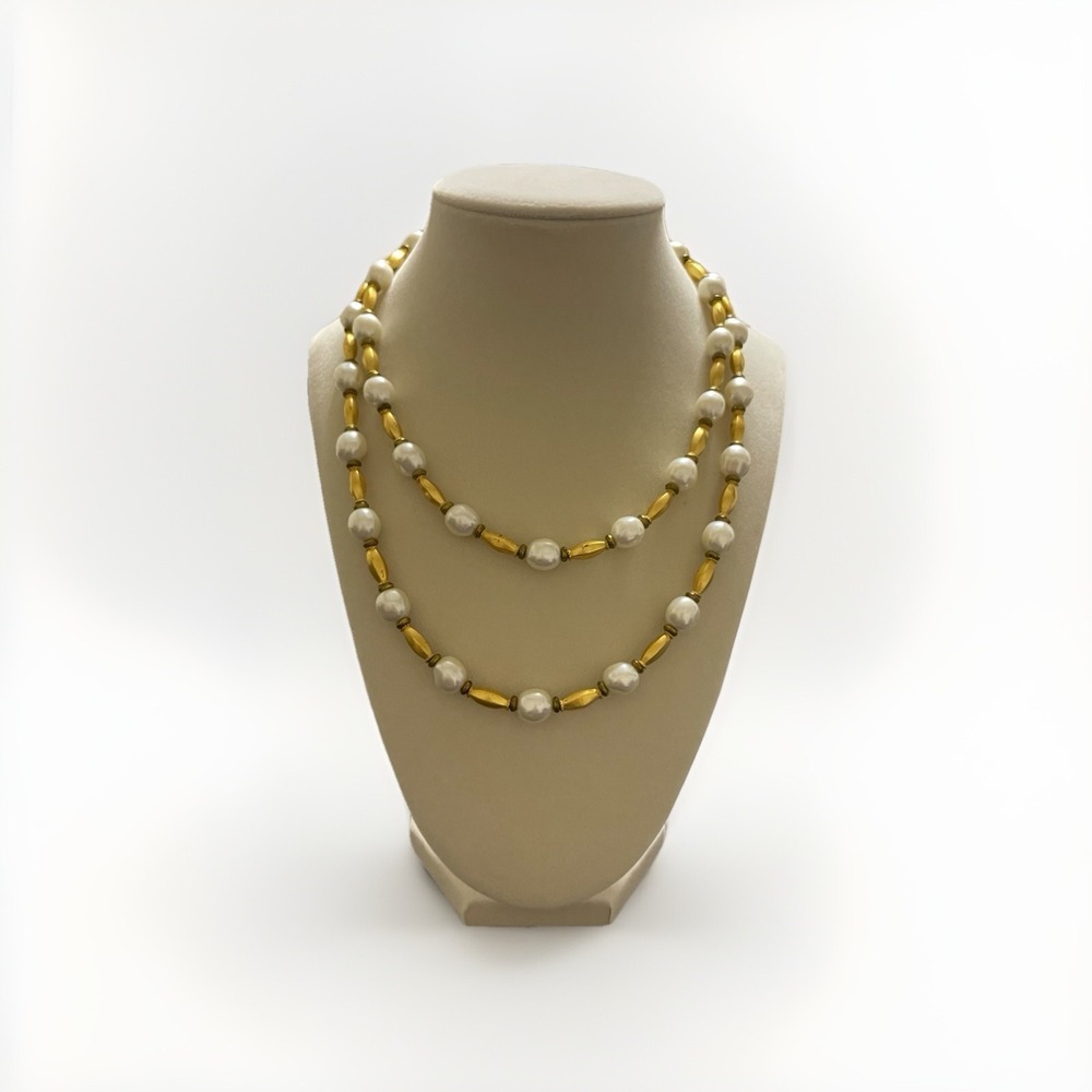 Vintage 1980s Anne Klein faux pearl gold coil toggle necklace long